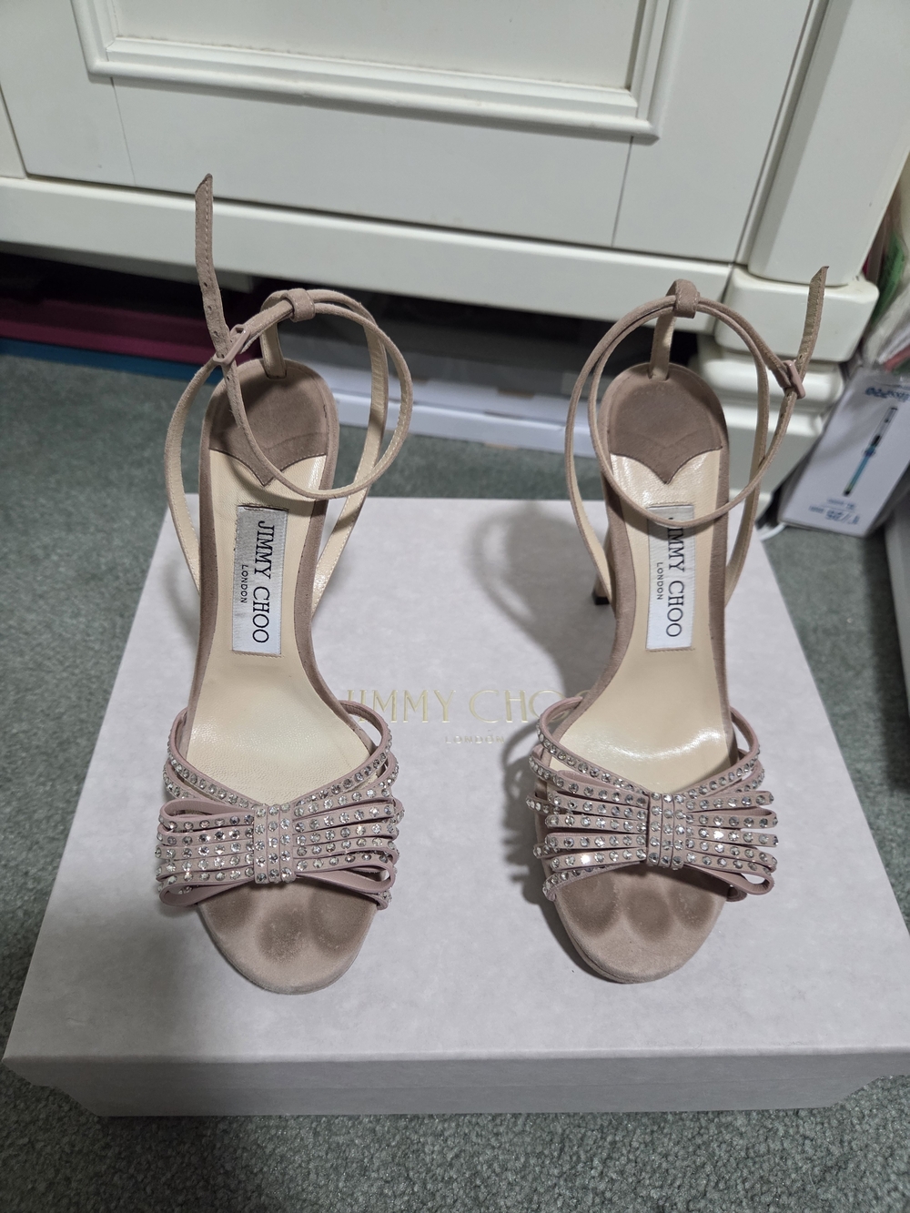 Jimmy Choo Blush Pink Crystal Bow Ankle-Strap Sandals